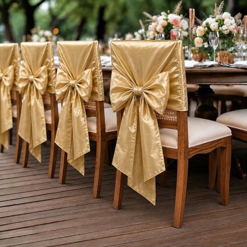 Gold Wedding Chair Cover Bow Set 16 Covers + 3 Tablecloths Event Decor