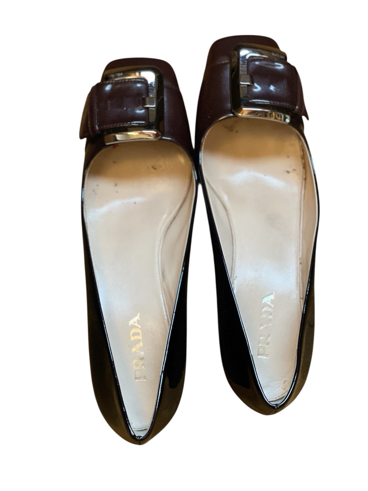 PRADA Black Patent Logo Buckle Low Heel Pumps, EU 38 , US 7