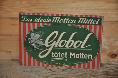 Altes Reklameschild 30er Jahre,Global Tötet Motten,Act. Ges. Leipzig,Original
