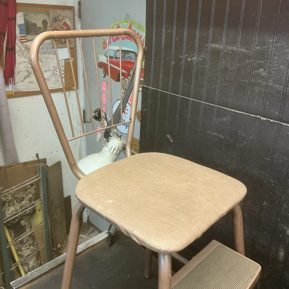 Mid Century Cosco Retro Style Farmhouse Counter Chair/Step Stool Chrome Tan - Image 4 of 4