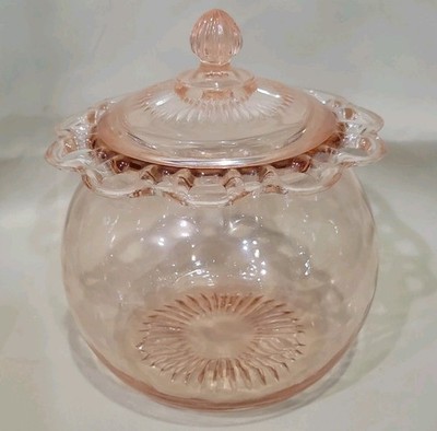 Vintage Anchor Hocking Old Colony Open lace Pink Depression Glass Jar Beauty 