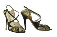 C0 Auth JIMMY CHOO Blk Python Leather Glitter Suede Strappy Sandal Heels Sz 40.5