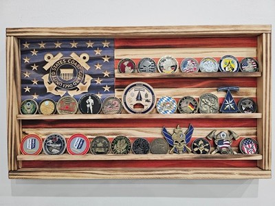 Rustic Personalized US Coast Guard Challenge Coin Rack: American Flag USCG
