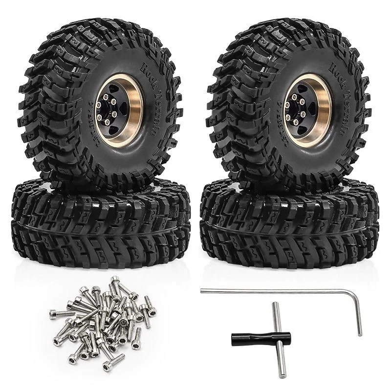 1.0" Brass Beadlock Wheel Rim Tires Set For 1/18 TRX4M 1/24 SCX24 FMS RC Crawler - Image 2 of 4