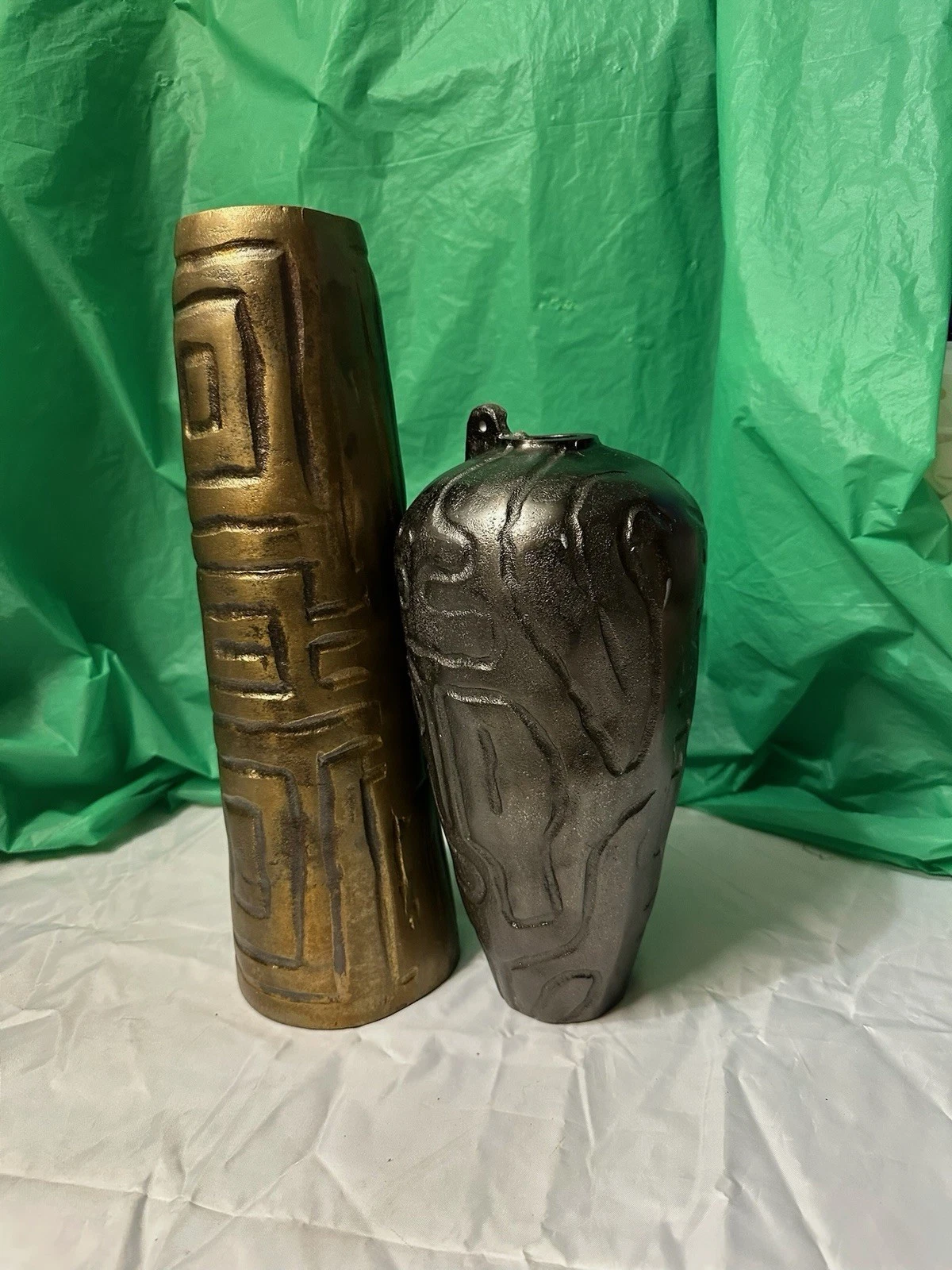 Set of 2 Modern Textured Ceramic Vases Gold & Black Abstract Decor 15”