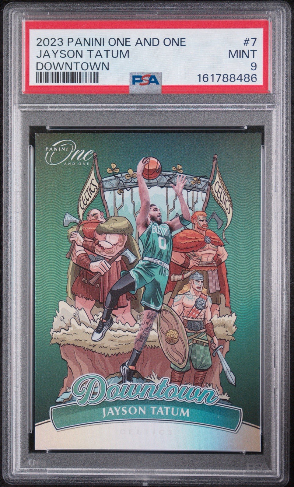 Jayson Tatum #7 Basketball Cards 2023 Panini One and One Downtown trading card — raw and PSA graded price guide