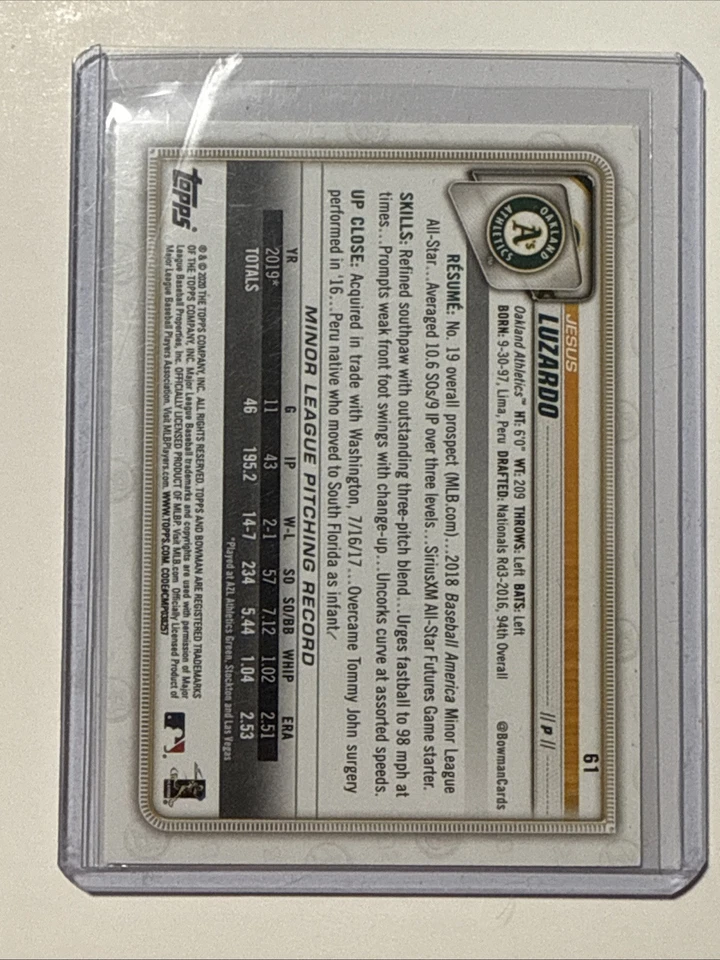 2020 Bowman # 61 Jesus Luzardo Oakland Athletics Rookie Rc - Image 2 of 2