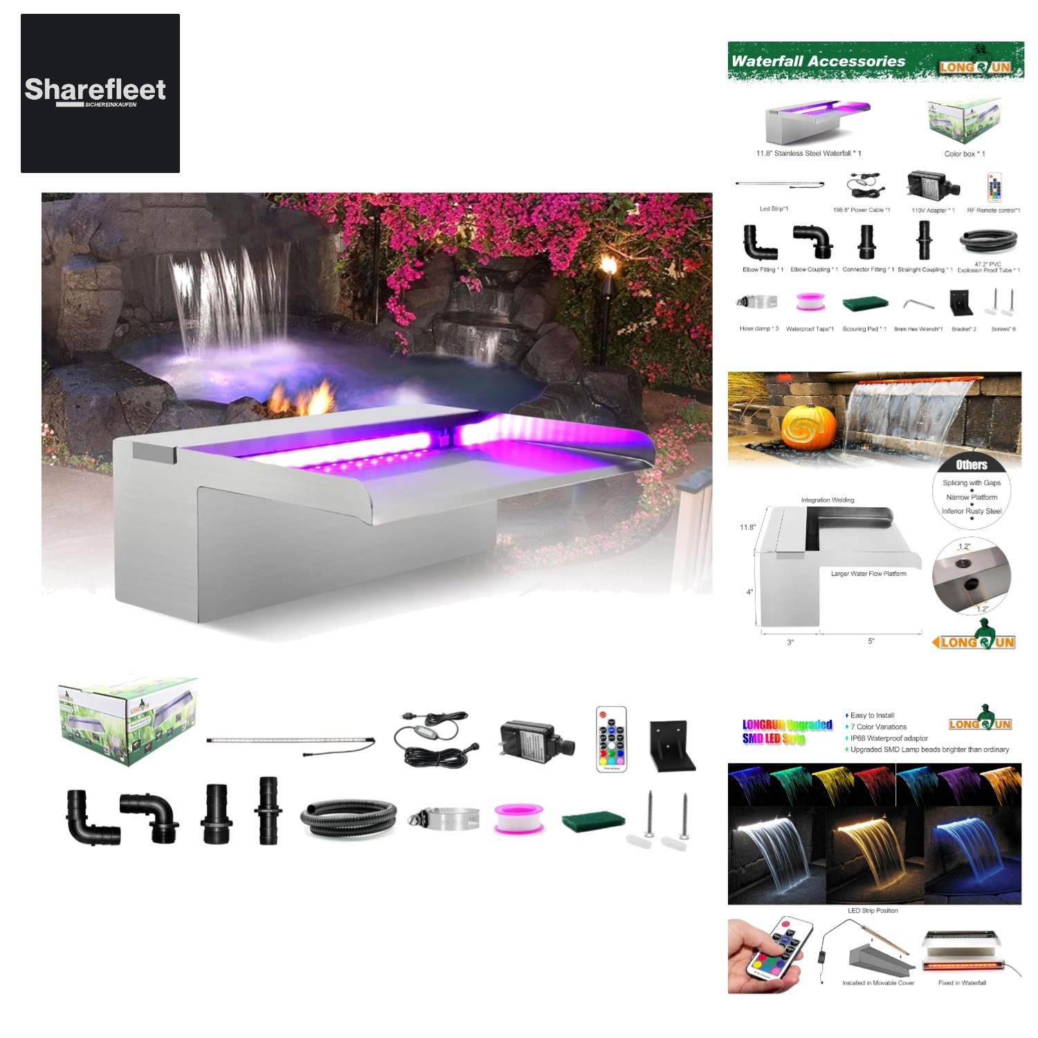 Cascada Acero Inoxidable Piscina Fuente, Fuente Jardín Cascada con Multifa...