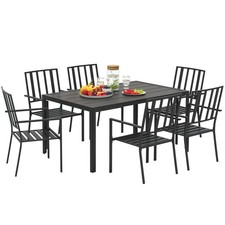 Outsunny 7 PCs Garden Dining Set w/ Stackable Chairs and Metal Top Table, Black