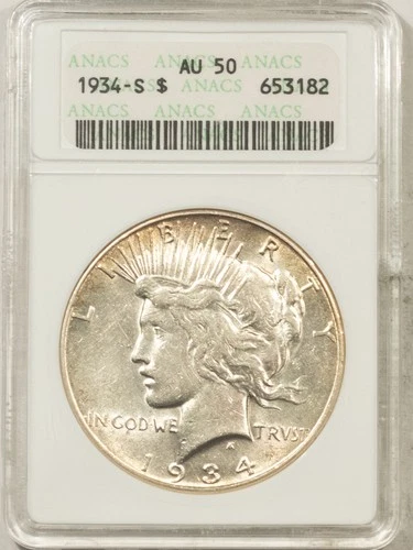1934-S $1 PEACE DOLLAR - ANACS AU-50 FLASHY, KEY-DATE LOOKS BETTER! WHITE HOLDER