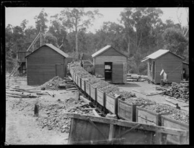 Coal wagons and huts at the Glen Greta mine, NSW, ca 1930 Old Historic Photo