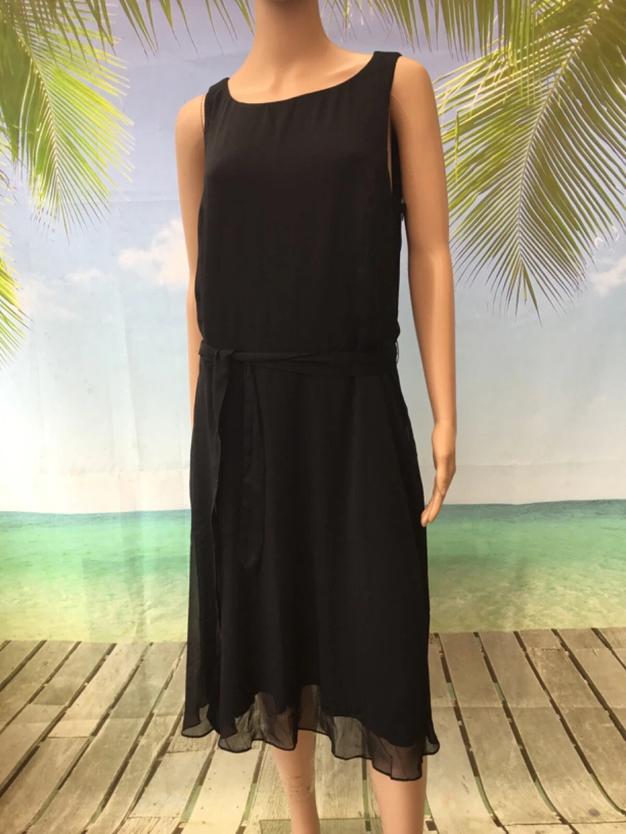 Heine black chiffon sleeveless dress tie belt UK 20 small fit NEW
