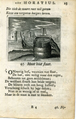 Antiker Druck-EMBLEMS-HORATIUS-BESCHEIDENHEIT-FASS-1756