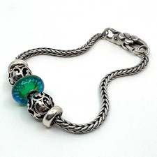 TROLLBEADS Sterling Silver Bracelet w/Flower Lock, Glass  SIlver Beads 7.9"