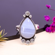 Natural Blue Lace Agate Gemstone 925 Sterling Silver Ring Handmade Jewelry Gift.