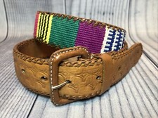 VTG Guatemala Leather Cotton Fabric Multicolor Belt 28" Ethic Aztec Tribal boho