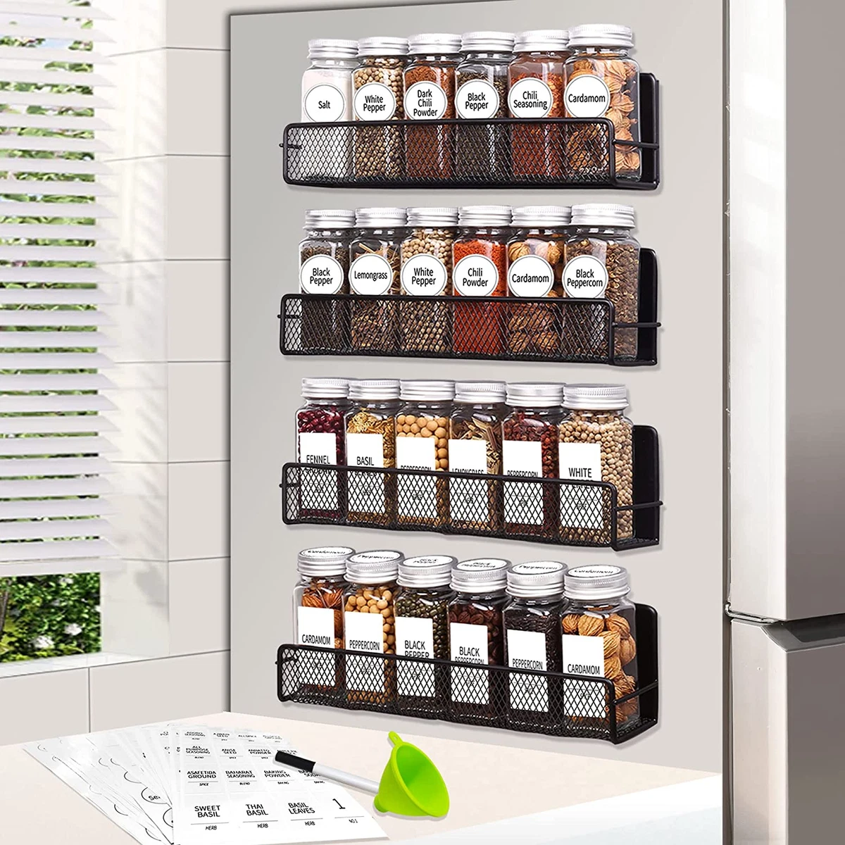 4 Pack Magnetic Spice Rack Organizer with 24 Glass Spice Jars