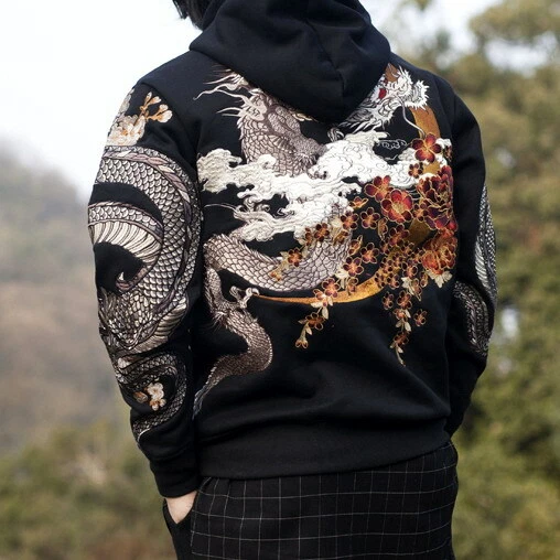 Sweat shirt capuche homme motif japonais broderie pull capuche dragon enroul