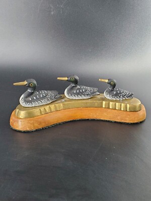 Trio of Brass Painted Loons on Wood, Made in India, 2¼''x7¼''x2½''