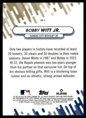 2023 Topps Pristine BOBBY WITT JR. FRESH FACES INSERT FF-1 ROYALS - Picture 2 of 2