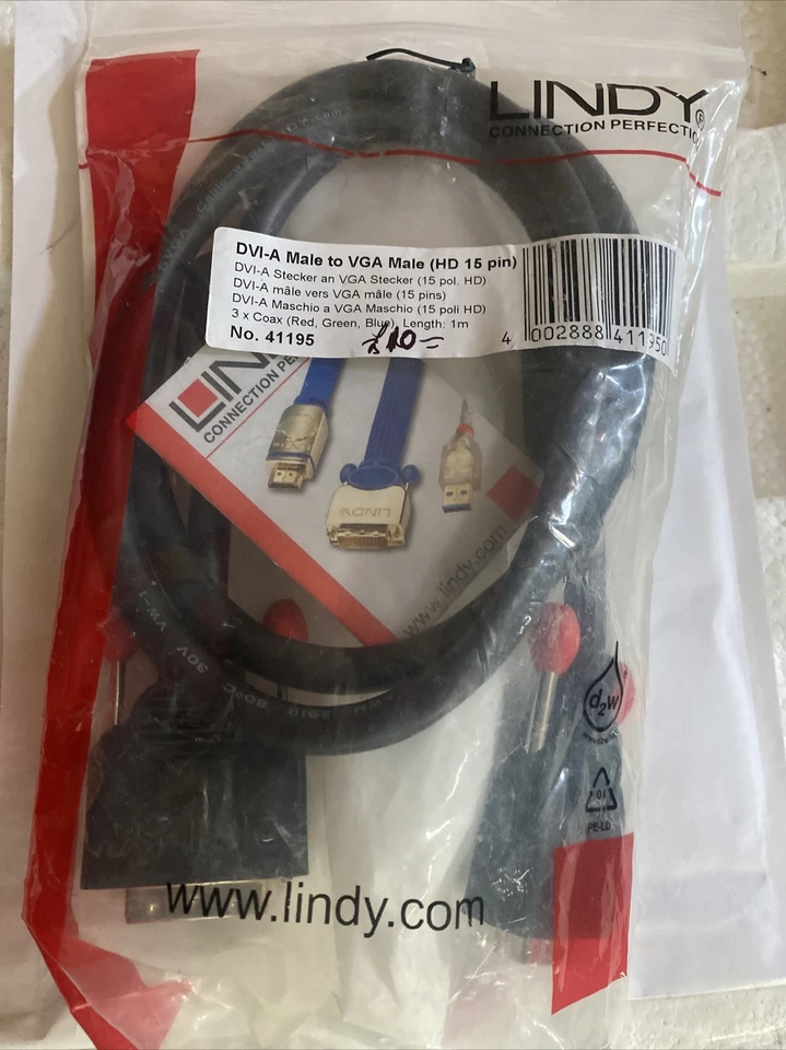 LINDY 1m DVI  Male to VGA Cable - Black DVI-A Male to 15 Pin HD Male - Image 4 of 4