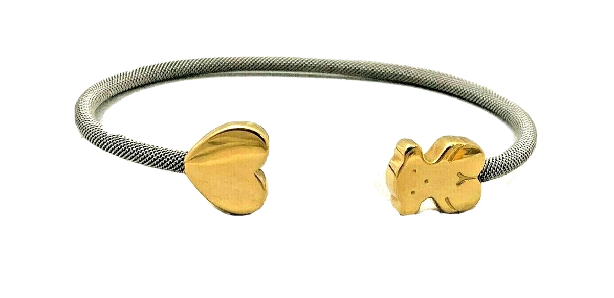 New TOUS 18k Yellow Gold & Steel Mesh Bear & Heart Open Cuff Bracelet | eBay