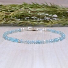 Natural Blue Aquamarine Faceted Rondelle Gemstone Beads 6-8" Handmade Bracelet