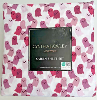 Cynthia Rowley Pink Purple Ghost Halloween QUEEN 4 pc Ghosts Sheet Set NEW