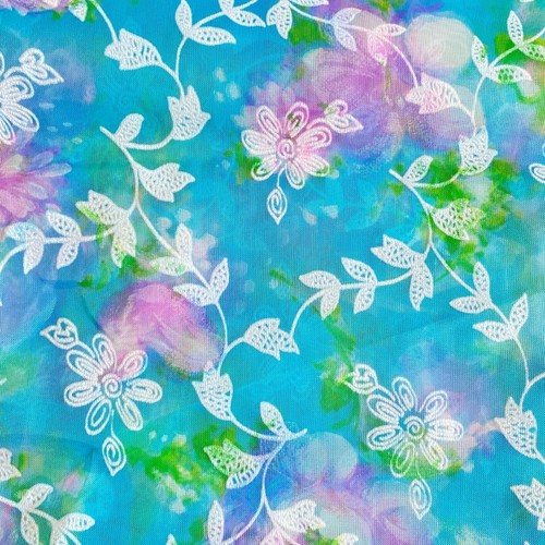 2 YD Vintage Sheer Flocked Floral Fabric Blue - Picture 3 of 7