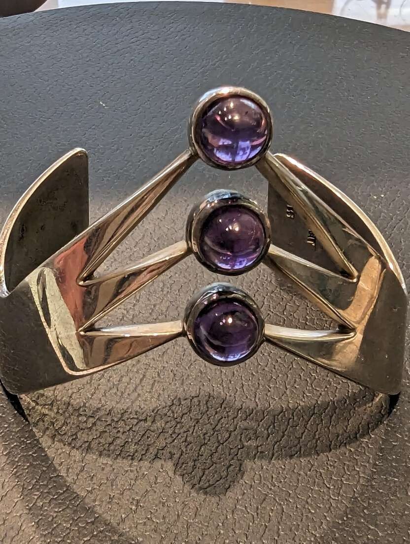 Solid 835 Silver Polished Bangle with 3 Amethysts… - image 3