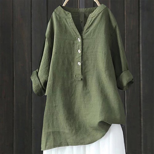 Plus Size Womens Long Sleeve Button V Neck Tunic Tops Casual Blouse Shirt Dress - Picture 18 of 32