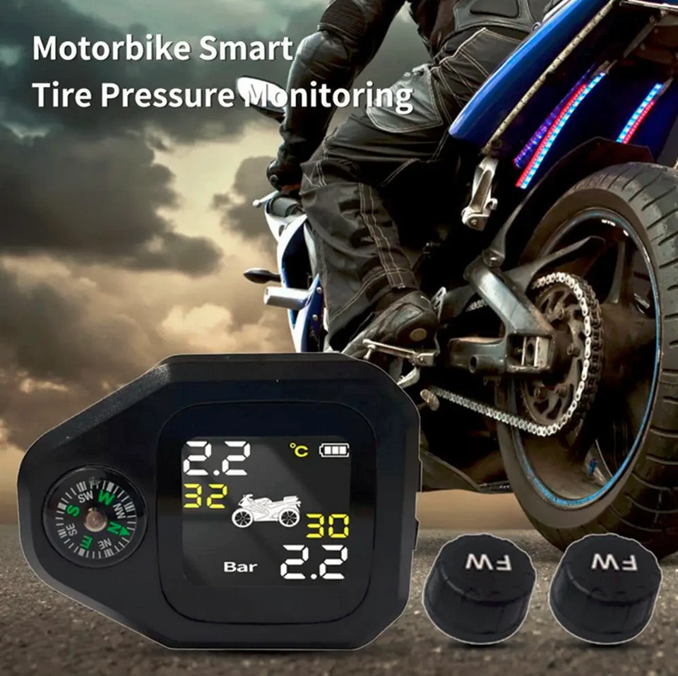 2 External Sensors Motorcycle Tire Pressure Sensors Monitoring System W/Compass - Image 3 of 4