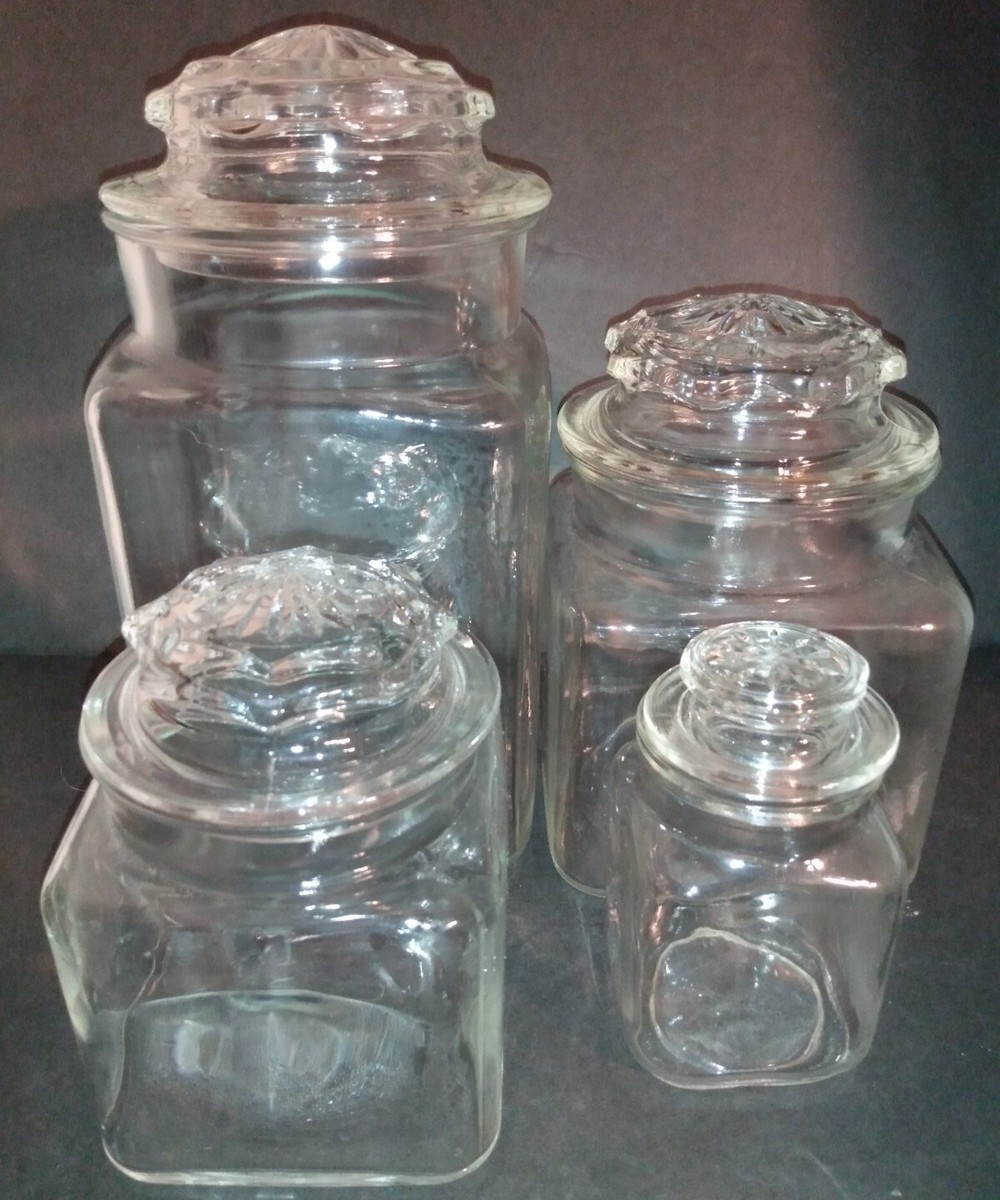 Set of 4 Clear Glass Candy Store Canister Cookie Jars Knobby