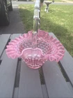 Fenton Cranberry Opalescent Hobnail Ruffled Art Glass Basket Clear Handle