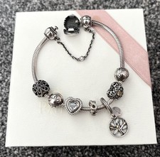AUTHENTIC Pandora Charm Bracelet Retired FamilyTree Silver 14k Gold Safety Chain