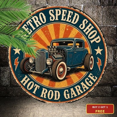 Hot Rod Speed Shop Sign Vintage Auto Customization Garage Round Metal Plaque 8x8