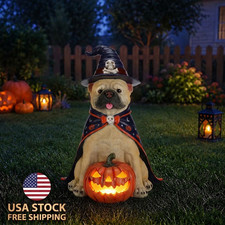 Halloween Bulldog Witch Statue, LED Light Up Jack-O-Lantern Pumpkin