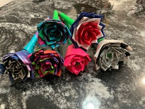 Set Of 6 Bouquet Of Handmade Duct Duck Tape Rose Flower Pens HOME CRAFTED EUC