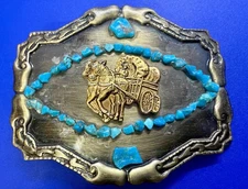 Covered Wagon Horse Carriage Turquoise Western Framed Belt Buckle