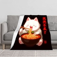 Durable Soft  Warm Flannel Blanket - Cozy Cat Design with Green Bow Tie