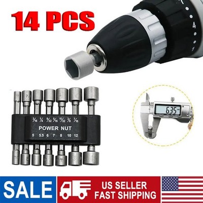 14PCS Power Nut Driver Bit Set Quick Change MM & SAE Impact 1/4'' Hex Shank US