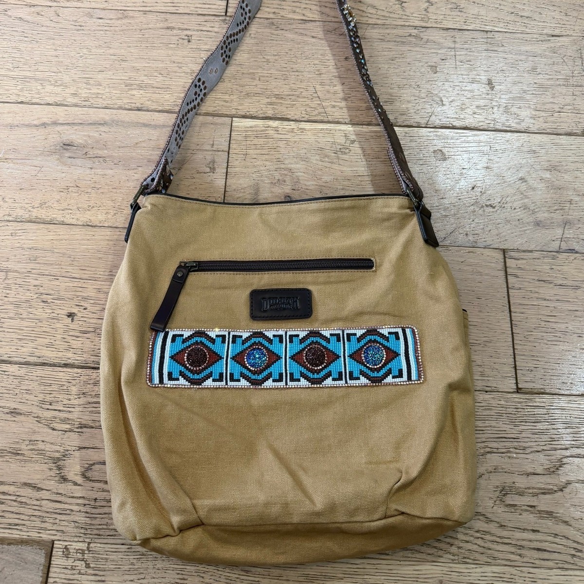 Duluth Trading Co Tan Canvas Beaded Southwestern Hobo Shoulder Bag Tan Boho