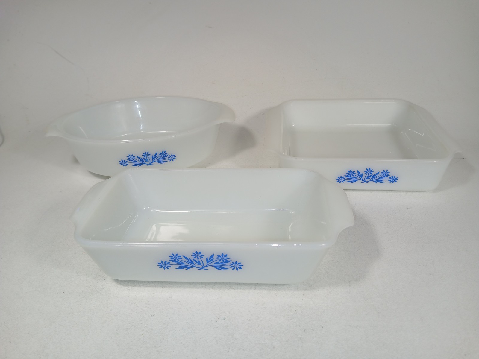 Vintage Anchor Hocking Fire King Blue Floral Milk Glass  Set 3, 441, 435, oval