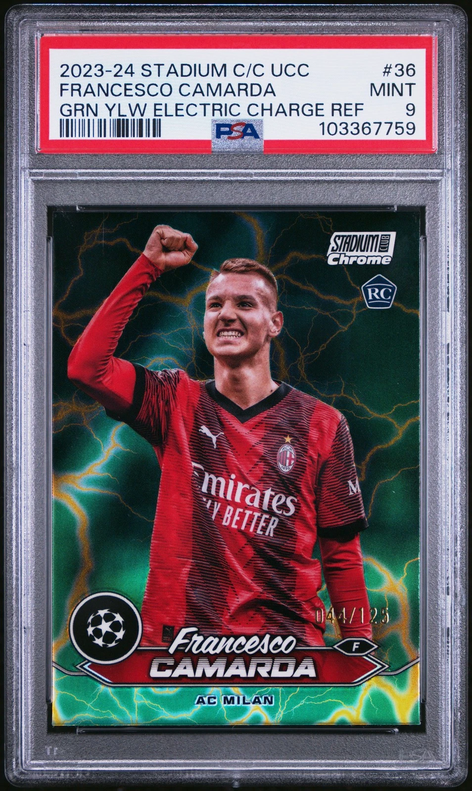 Deal for 2023 Topps Stadium Club Chrome UEFA Francesco Camarda #36 G/Y Elec Charge PSA 9
