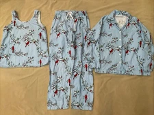 The Vermont Country Store Flannel Pajama Set Womens Blue Red Cardinal Bird