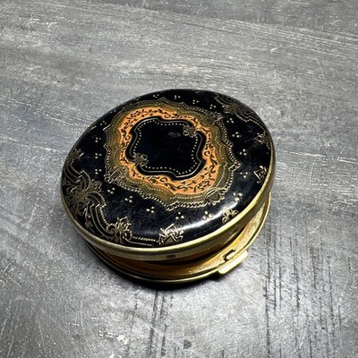 Vintage Look Powder Compact Powder Case Gold Leather Embossed Painted