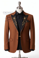 Men's 2Pc Rust Brown Suit with Gold Embroidered Black Lapels Western Wedding Set