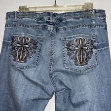 Vtg Cache 90s Sz 10 Denim Jeans Bootcut Low Rise Embroidered Cross Studs flaw 