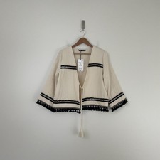 Zara Cream Gauzy Fringe Trim Boho Tie Front Jacket Womens Size Medium
