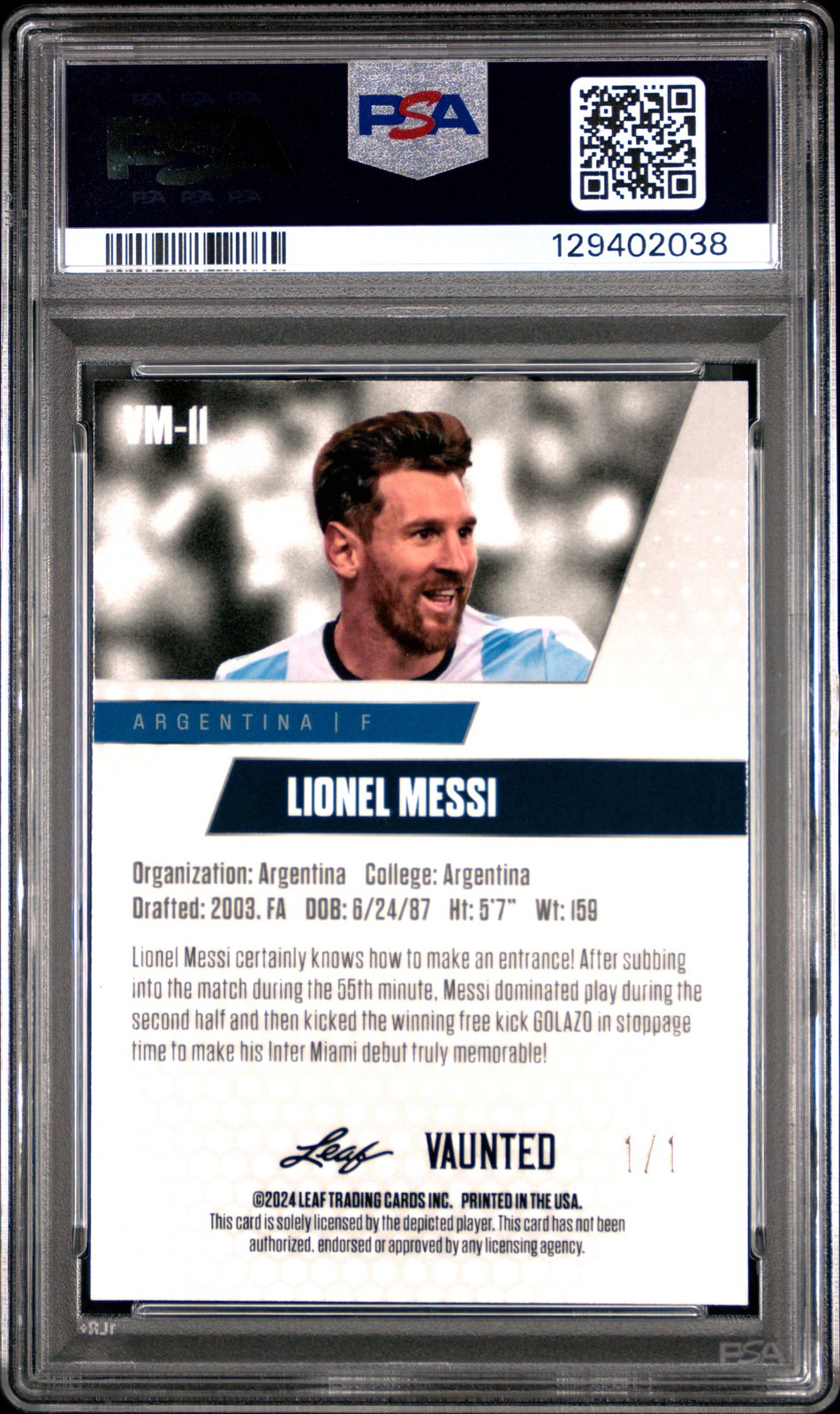 PSA 9 Lionel Messi 2024 Leaf Vaunted Metal #VM-11 Gold Superprismatic 1/1 Card view 2